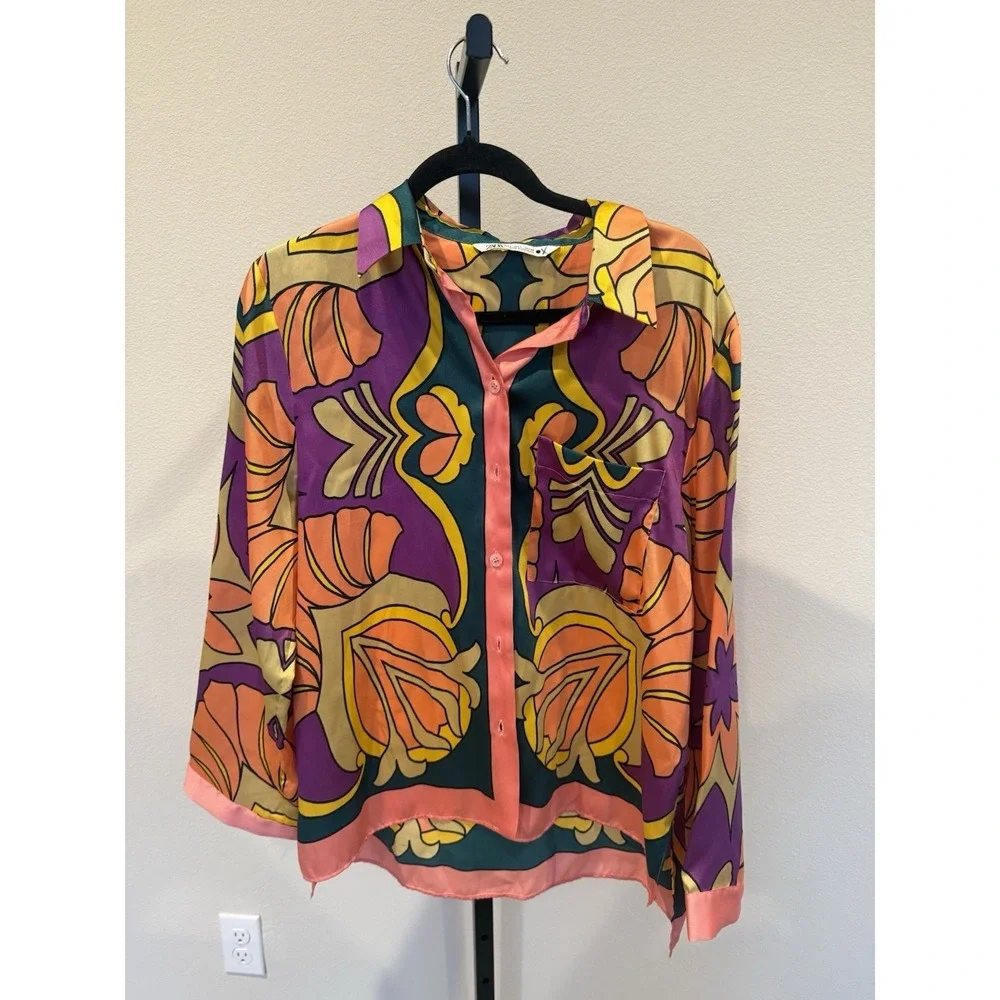 ZARA BLOGGERS FAV Printed Pocket Shirt Satin Pajama Style Colorful Size L Tropic - Picture 4 of 5